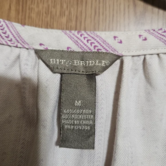 Bit & Bridle Top Beige Purple Babydoll Country Farmhouse Boho Flare Sleeve - Picture 2 of 6